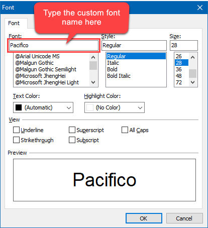 Font dialog with a custom font name