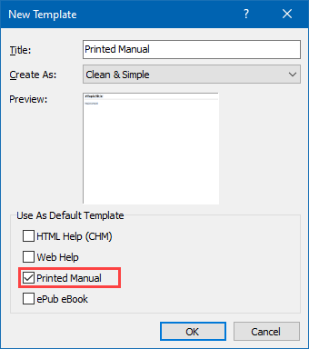 Setting the default template for Printed Manual