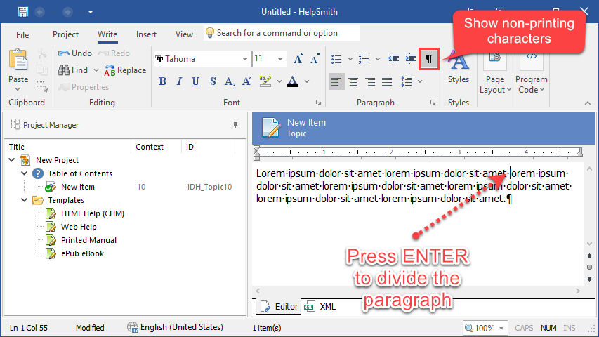 Dividing a paragraph in the word processor