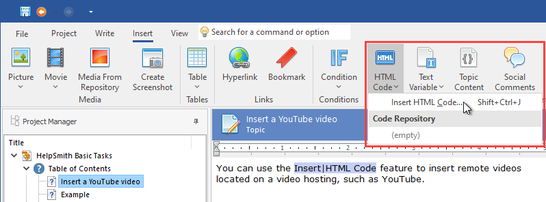Inserting the HTML code of a YouTube video